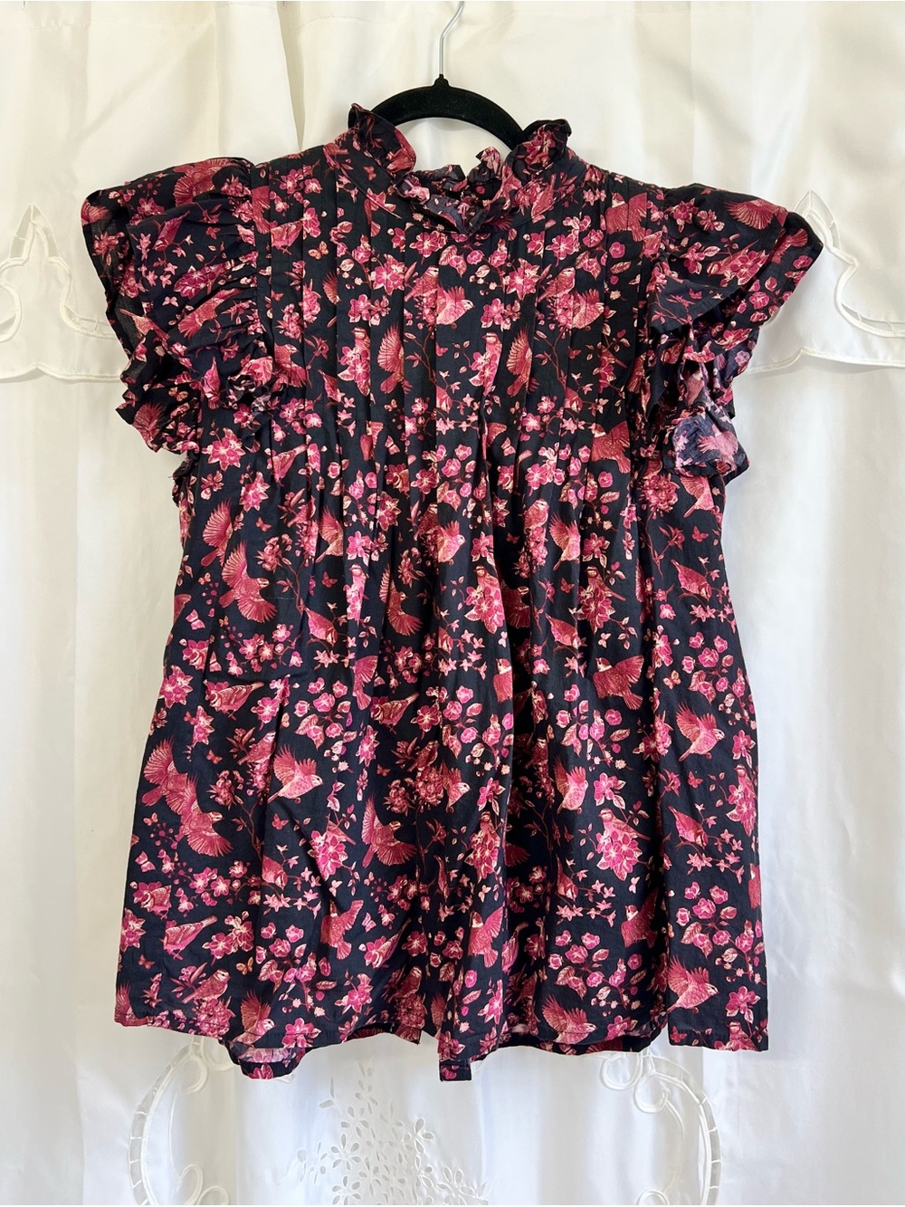 Victoria Dunn Chinoiserie Floral Bird Top Small Ruffle Sleeve High Neck Blouse